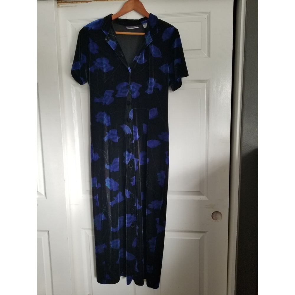 90's Velvet Black and Blue Floral Dress